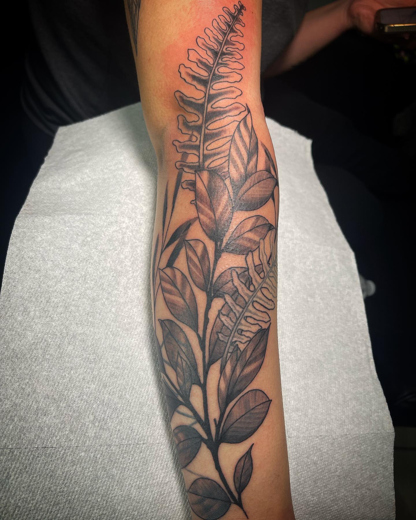 Fern and leaves black and grey tattoo on the forearm by @tattoos_by_elijah
