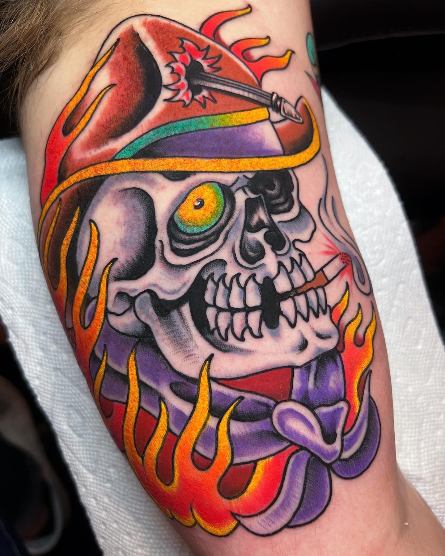 Skull with pirate hat American traditional tattoo on the forearm by Barron