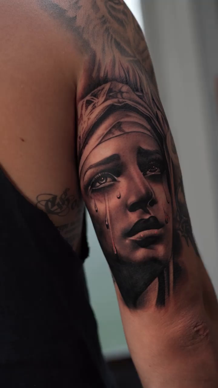 Crying woman's portrait realism tattoo by P.Lok