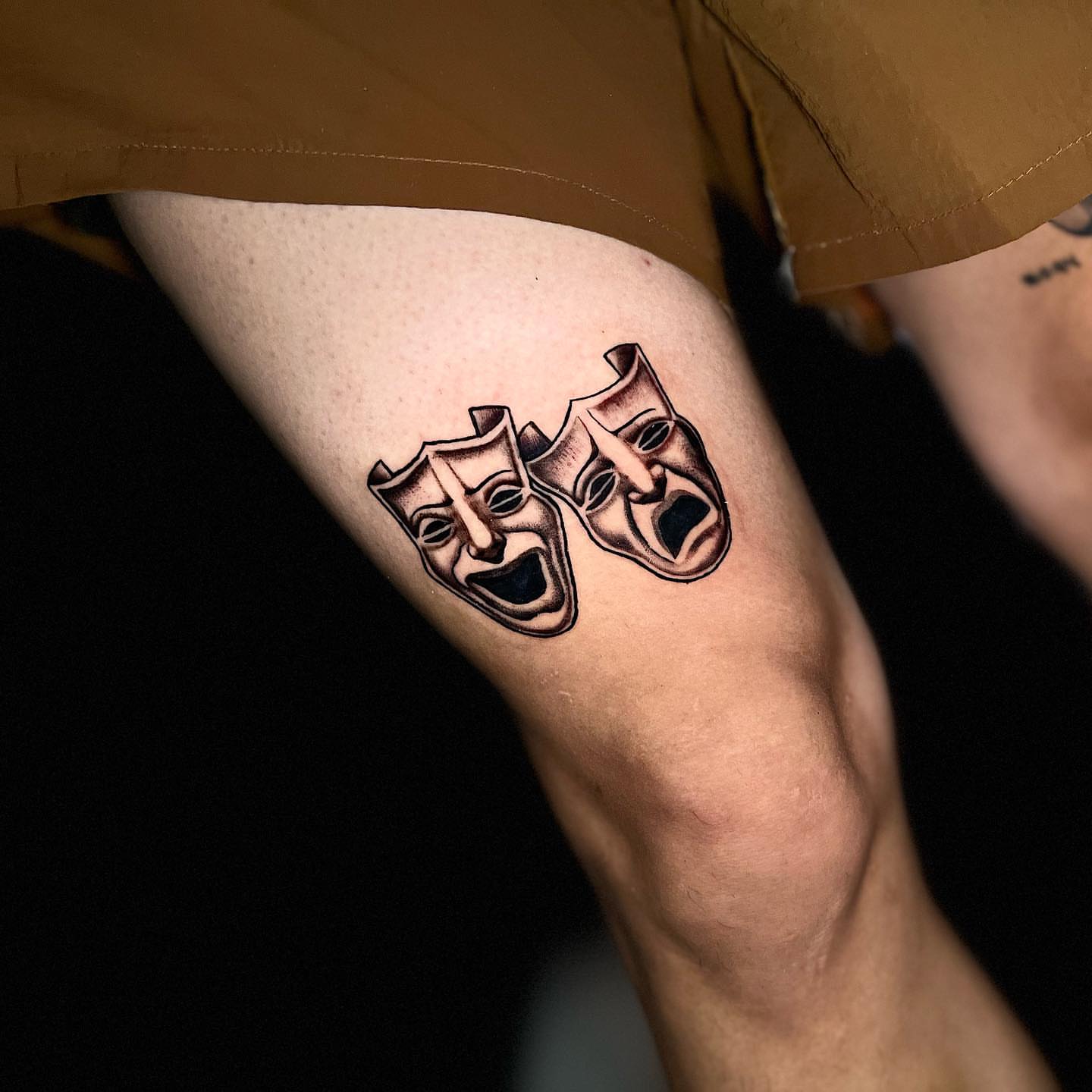Theater masks black and grey tattoo on the thigh by ๐ธ๐๐๐.๐ฎ๐, Los Angeles, California