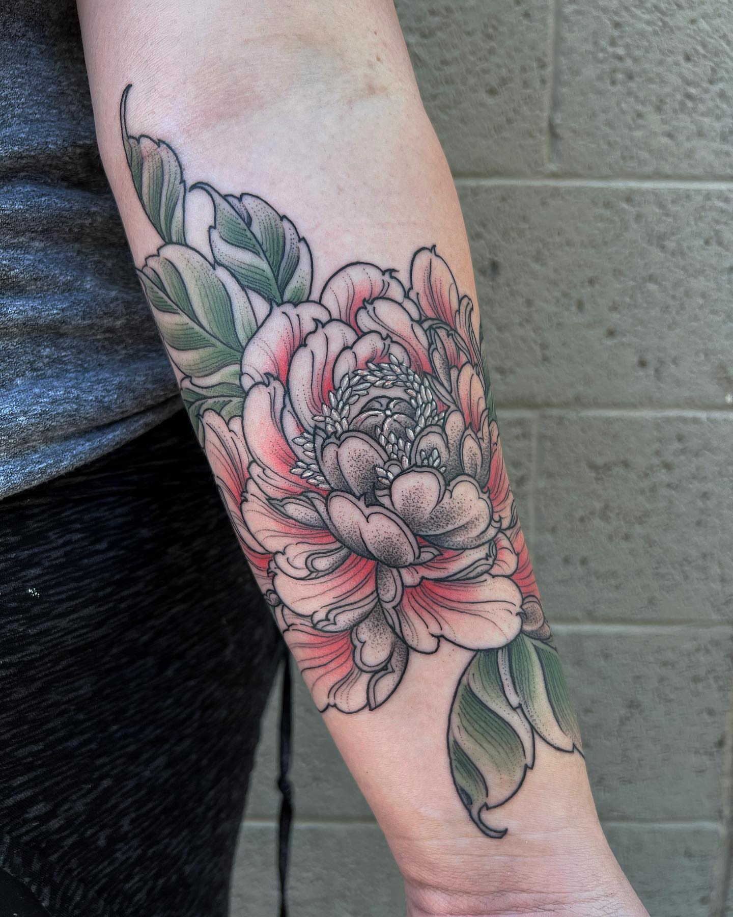 Peony American traditional tattoo on the forearm by Byron Winkelman, Gilbert, Arizona
