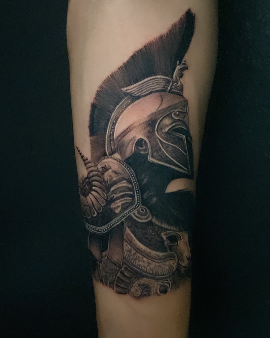 Spartan helmet realism tattoo on the forearm by Las Vegas Tattoo Artist