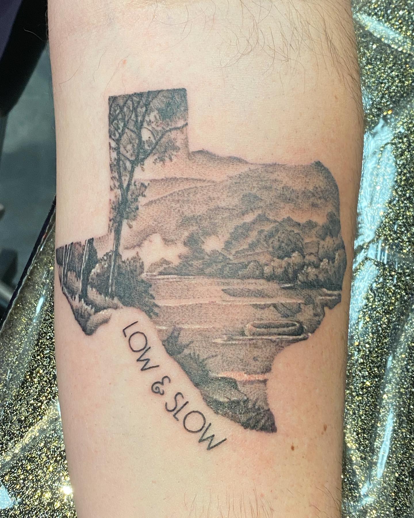 Landscape realism tattoo on the forearm by SAL, Mesa, Arizona