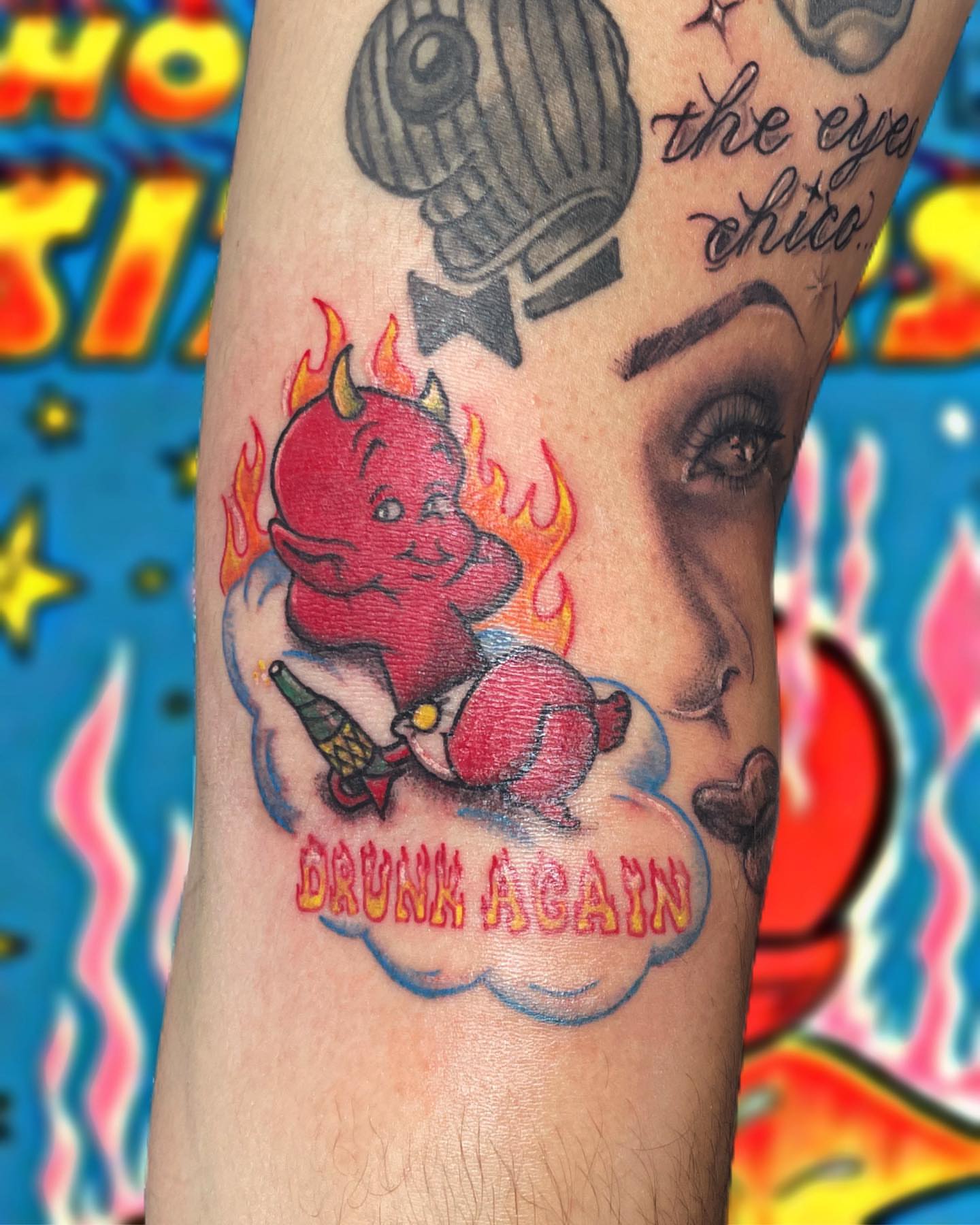 Drunk devil American traditional tattoo on the forearm by π©ππ π