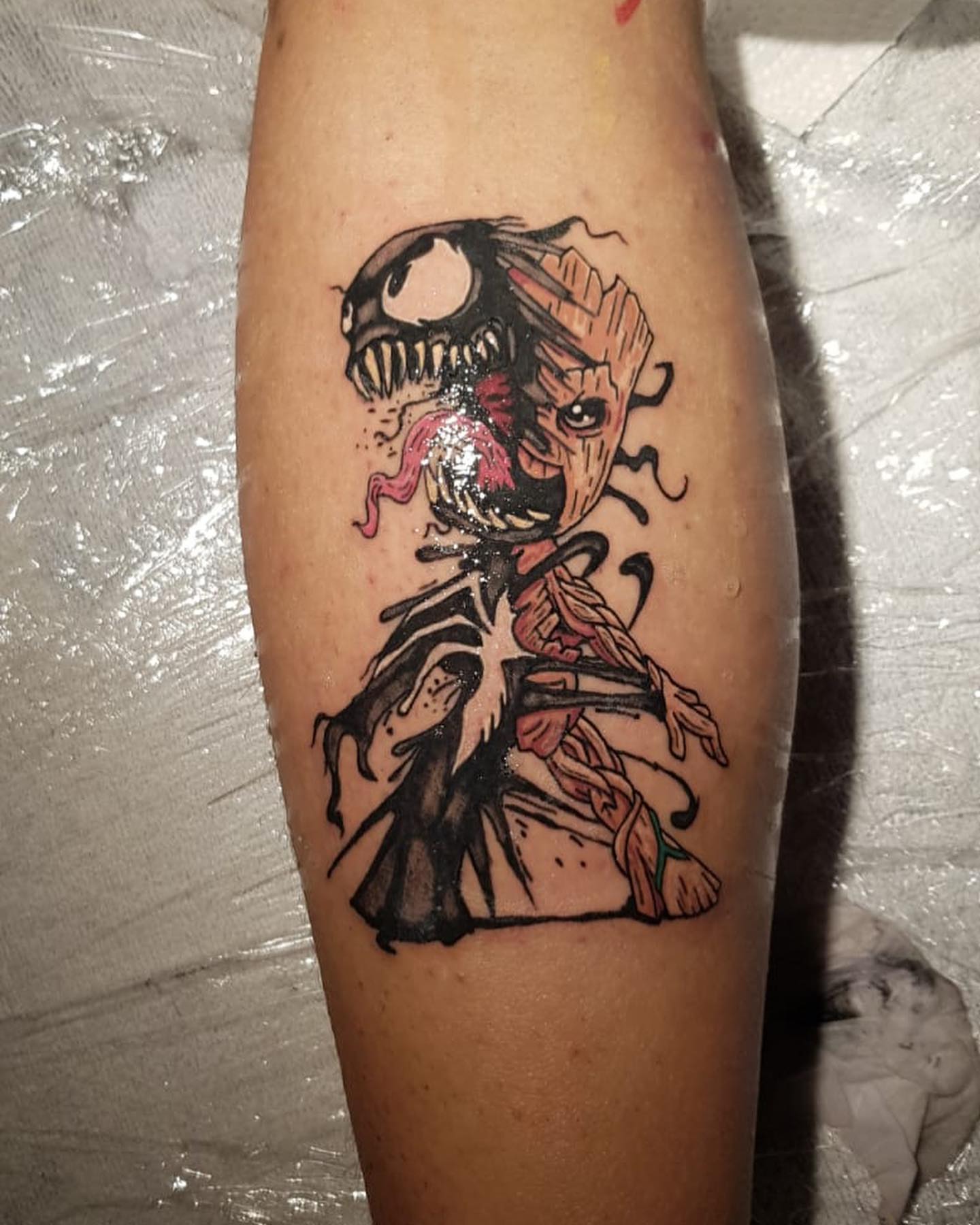 Venomized Groot dotwork tattoo on the forearm by Kunaytattoo