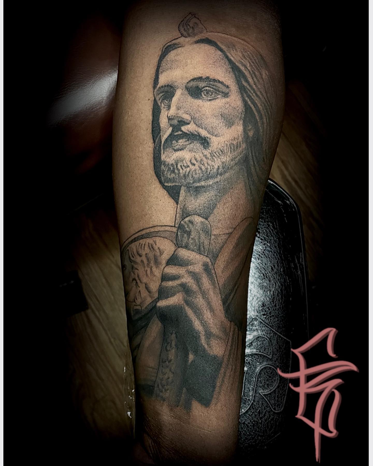 Religious figure realism tattoo on the forearm by Fullerton ca tattooing