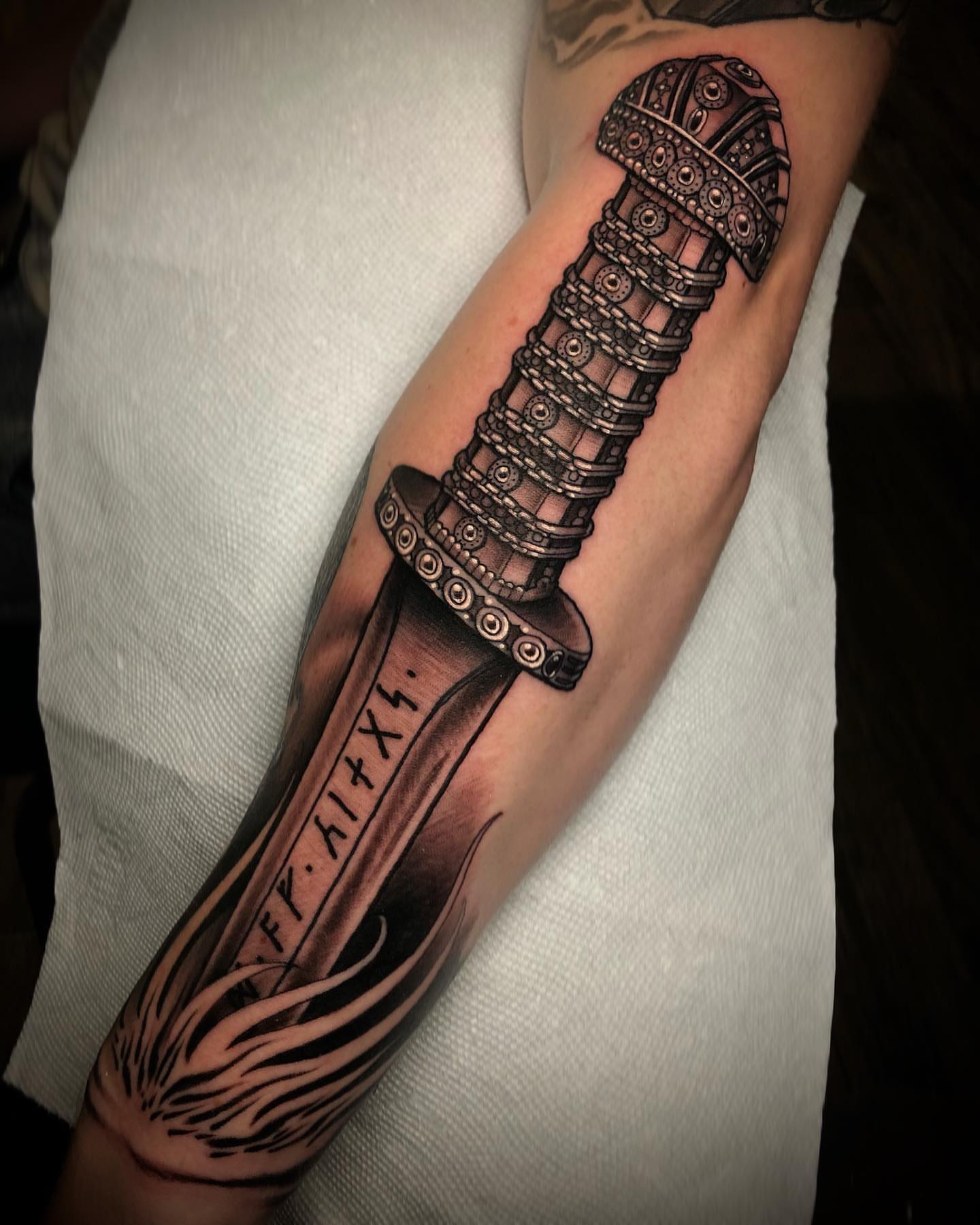 Katana black and grey tattoo on the forearm by π΅πππ πΎπππππππ, Penndel, Pennsylvania