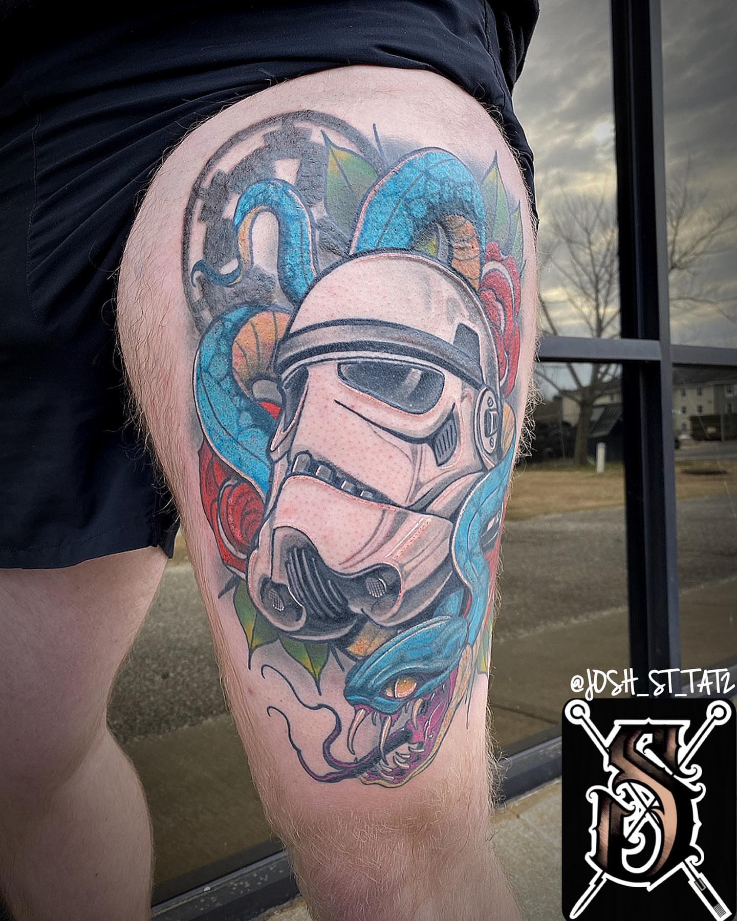 Stormtrooper helmet realism tattoo on the thigh by Josh St.germain