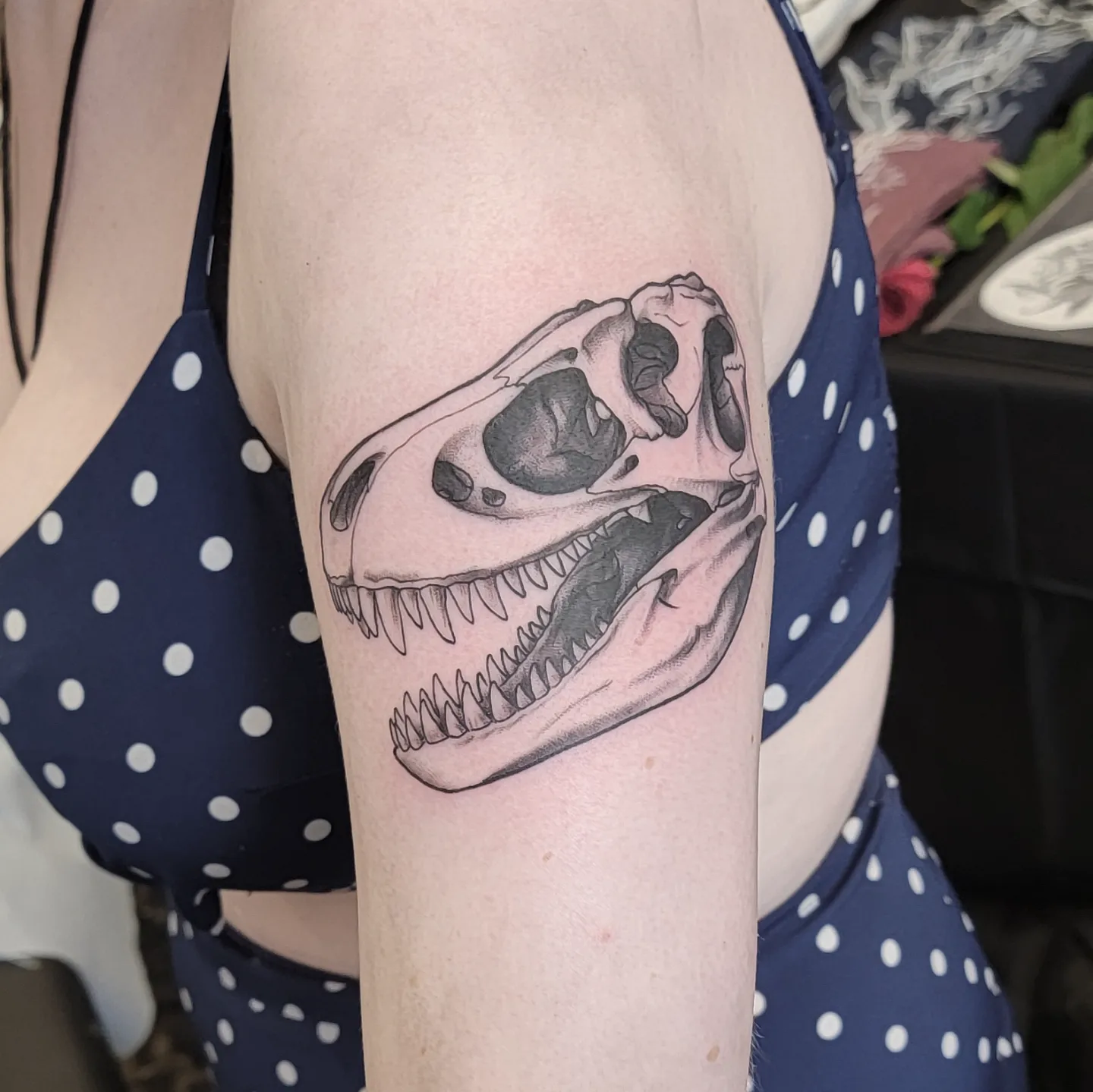 Dinosaur skull realism tattoo on the forearm by ๐๏ธ, Ashland, Virginia