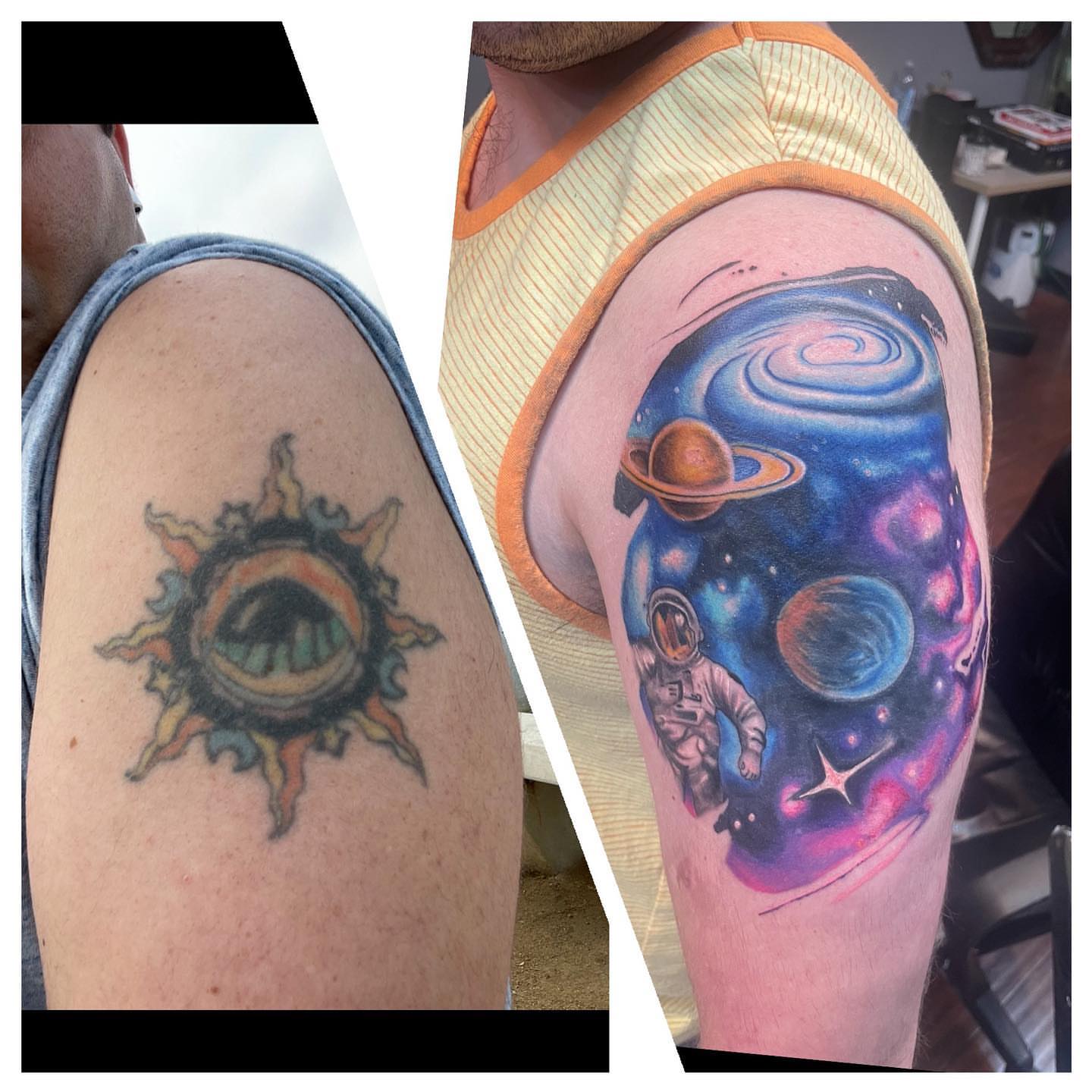 Space-themed tattoo realism tattoo on the upper arm by Seth Griffin