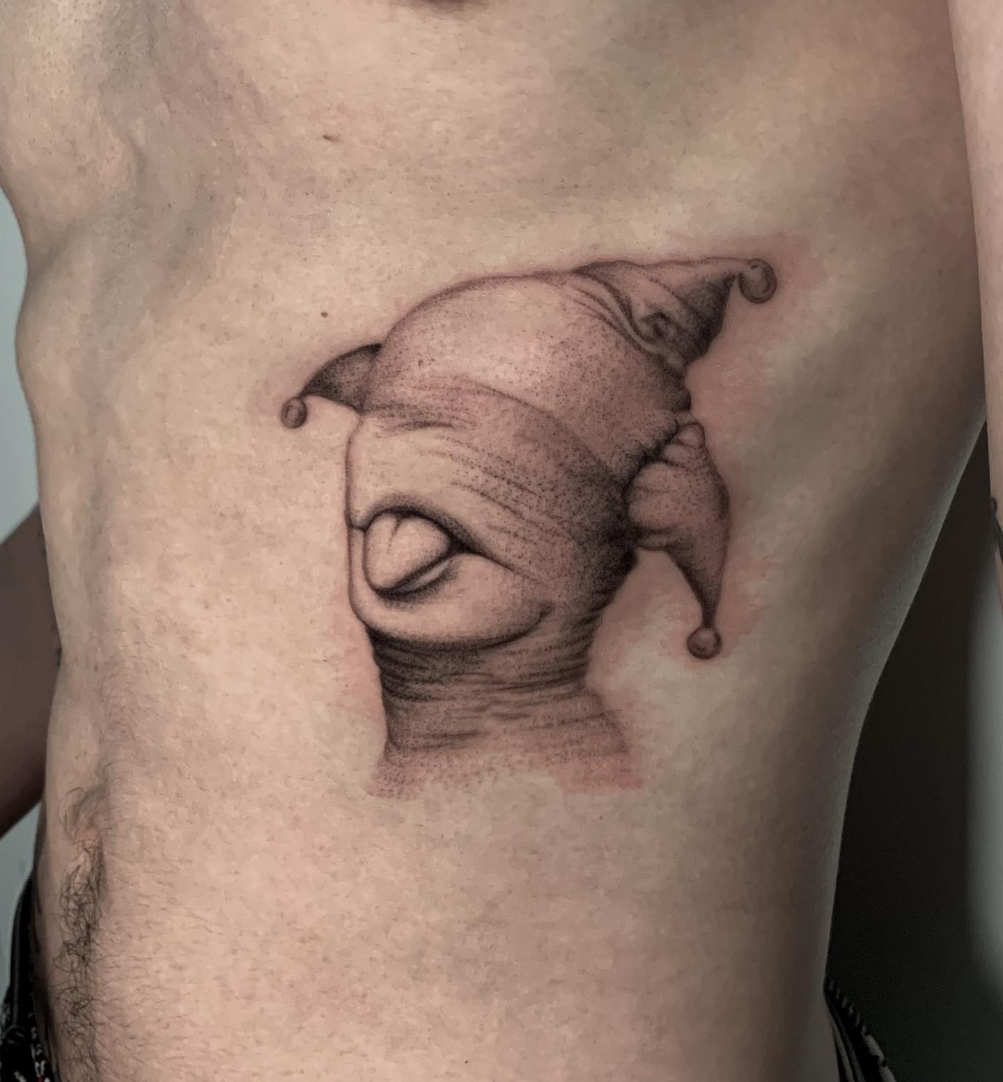 Elf dotwork tattoo on the thigh by Priscila, Los Angeles, California