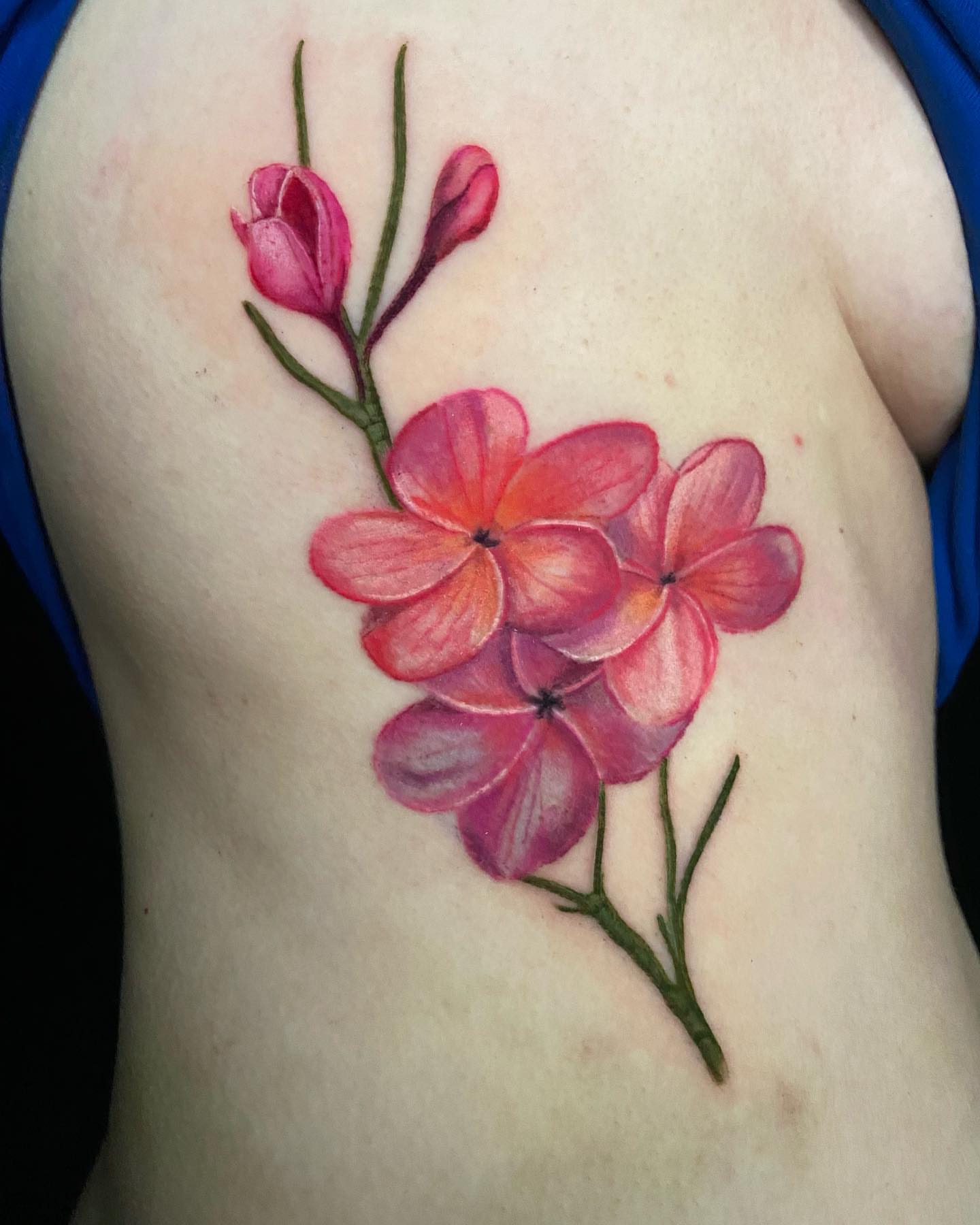 Pink flowers watercolor tattoo on the ribs by Jules, Arlington, Texas