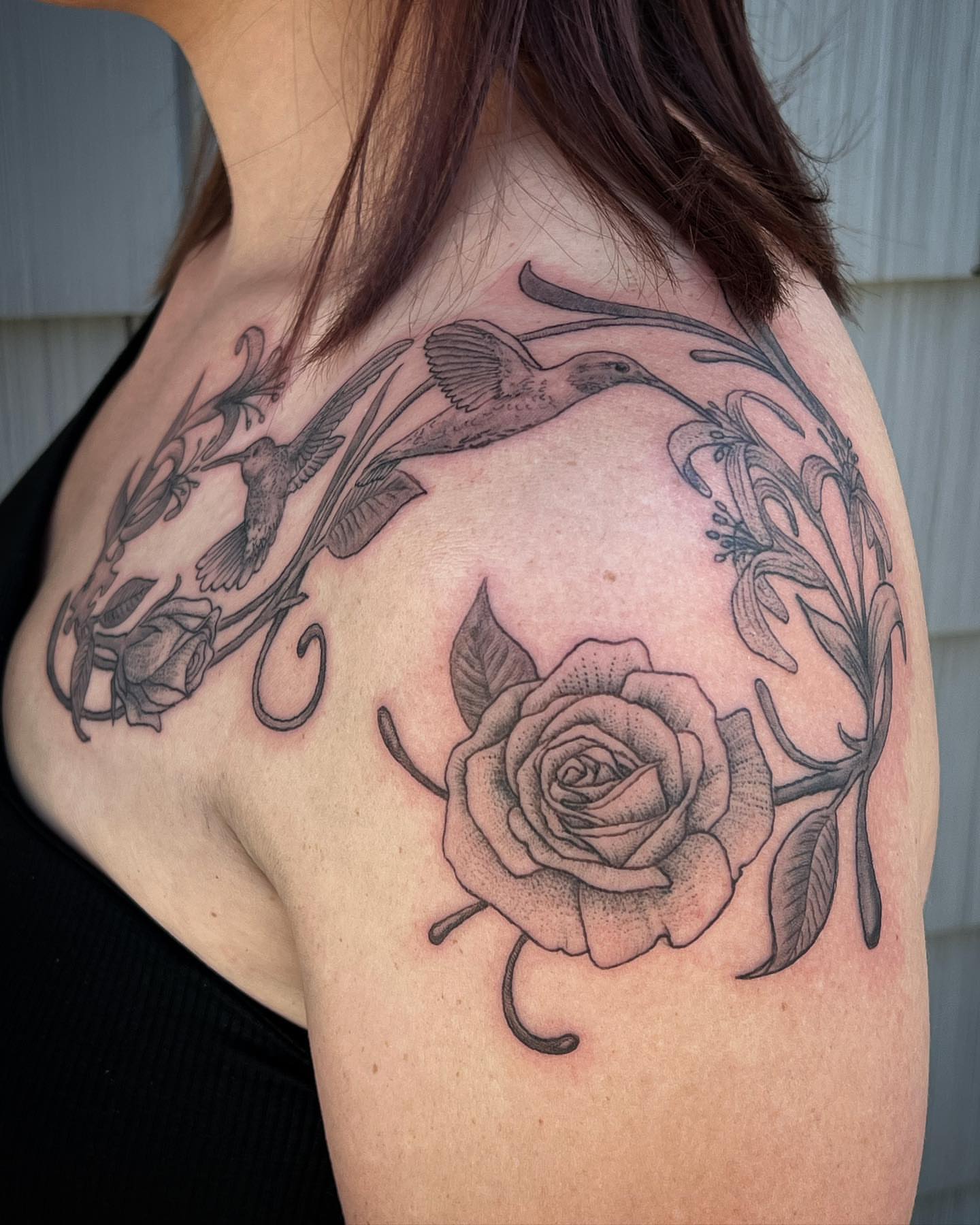 Rose and hummingbirds dotwork tattoo on the shoulder by Iconic Ink, Millbury, Massachusetts