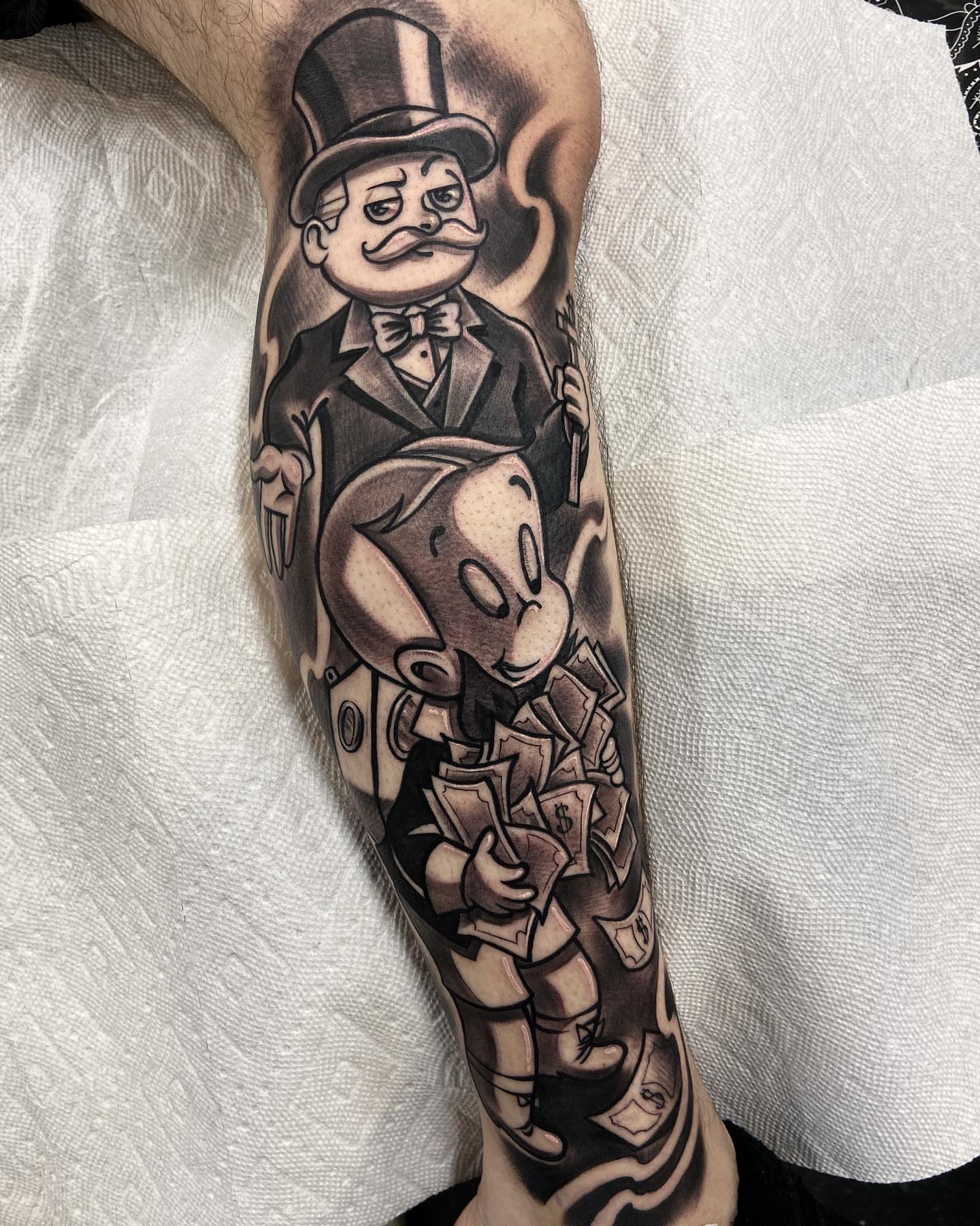 Monopoly man and piggy bank American traditional tattoo on the forearm by eksoe_