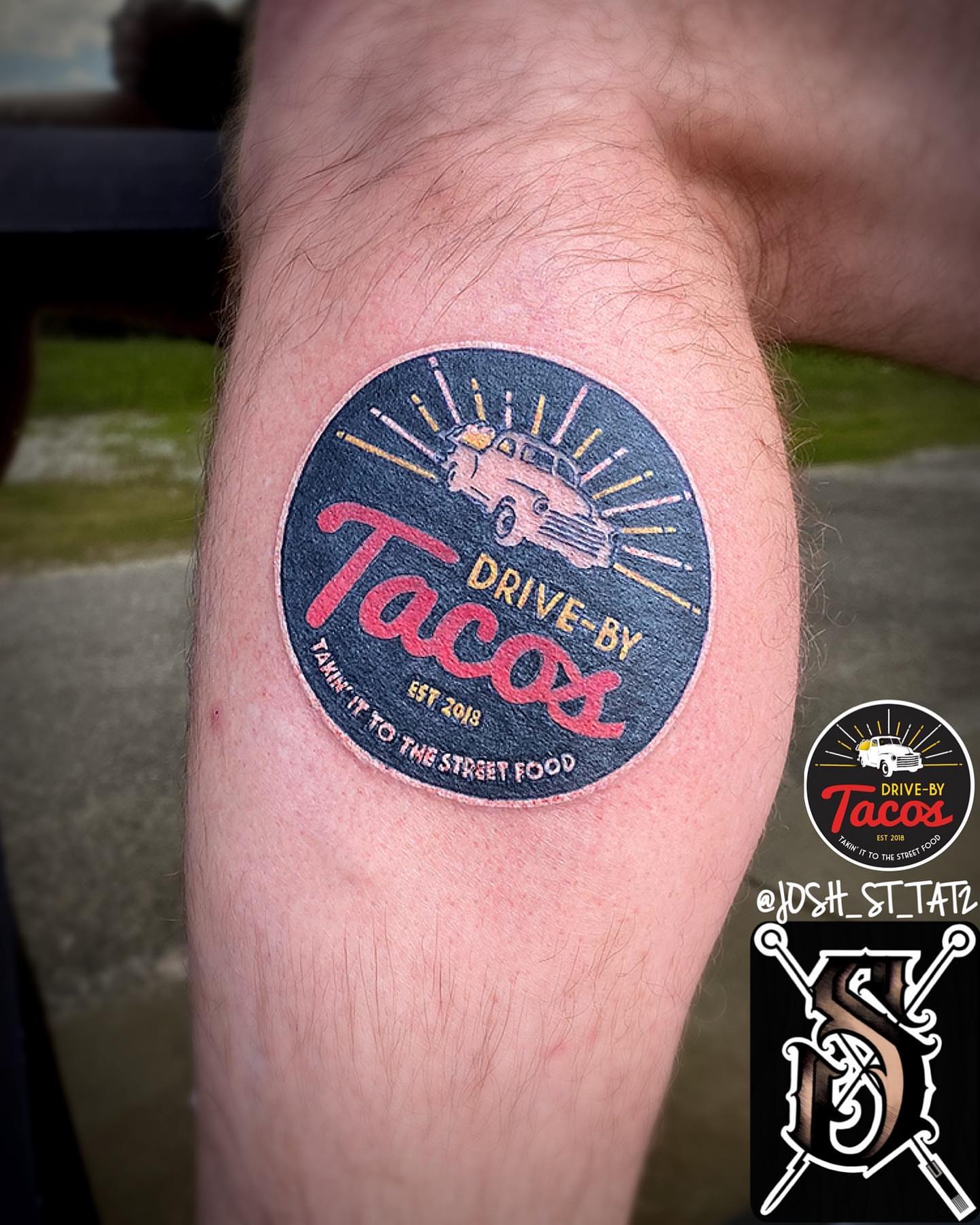 Drive-by tacos American traditional tattoo on the thigh by Josh St.germain