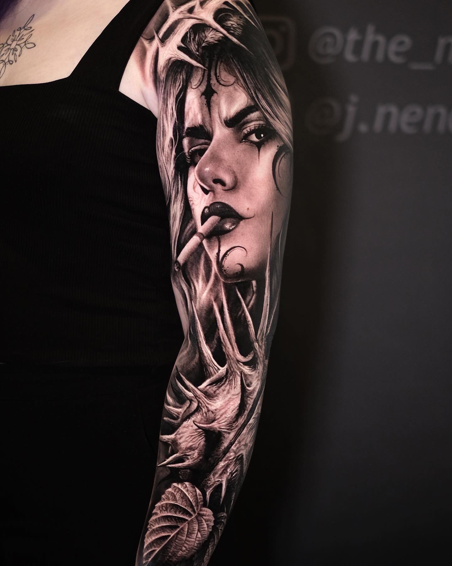 Woman smoking realism tattoo on the forearm by Anton Martiushev
