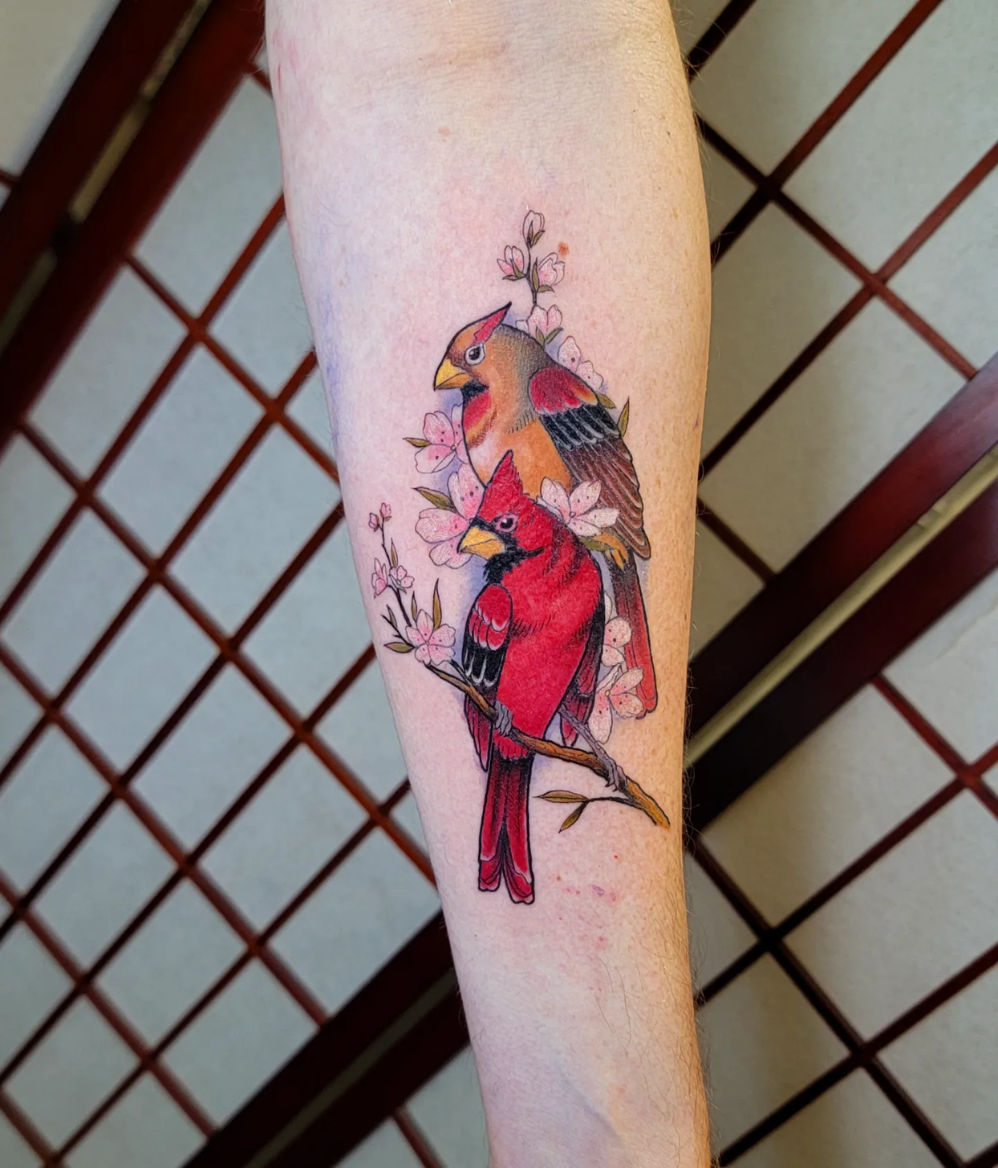 Cardinals and blossoms realism tattoo on the forearm by ๐๏ธ, Ashland, Virginia