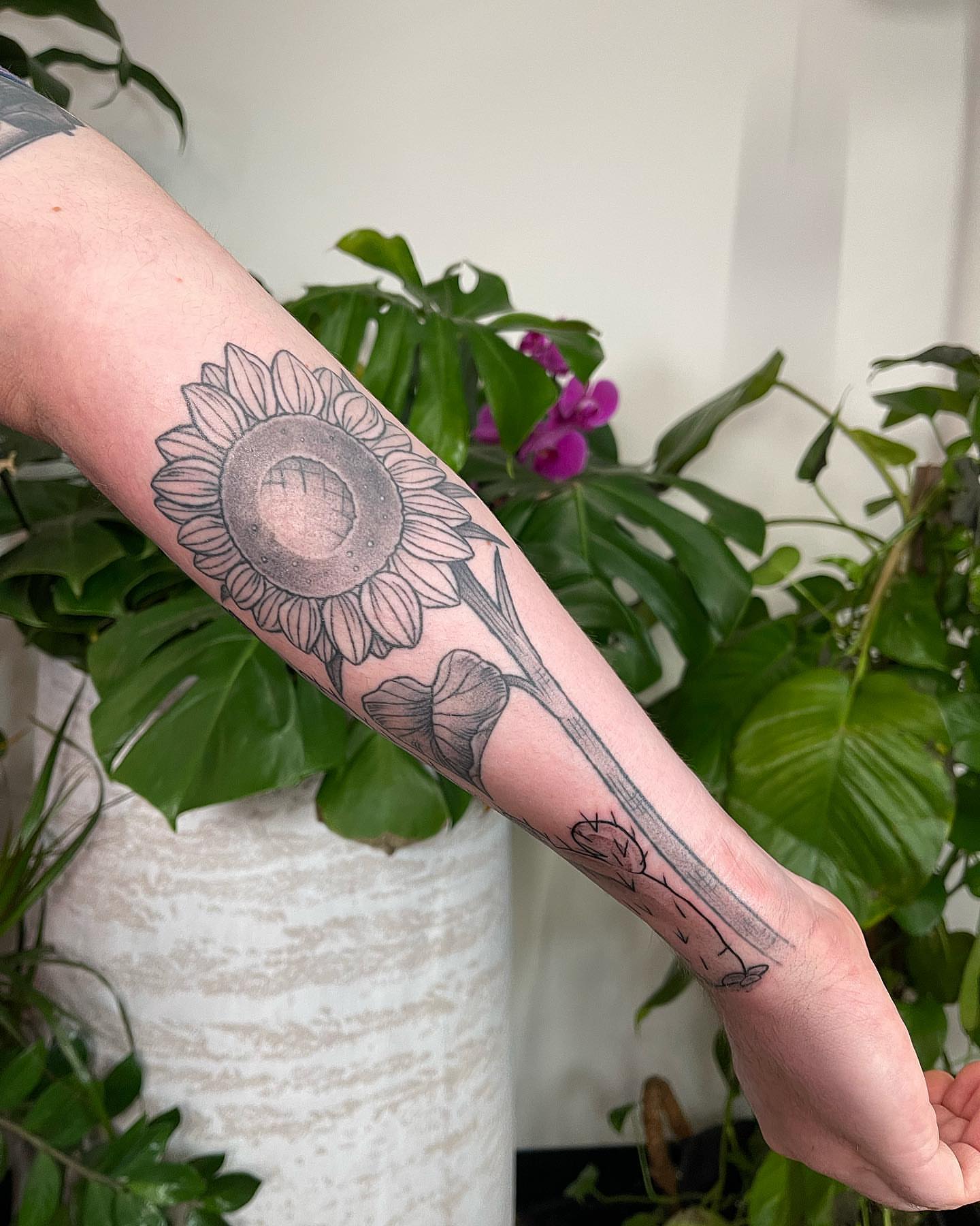 Sunflower black and grey tattoo on the forearm by 🍓secret k. - Austin Tattoo Artist