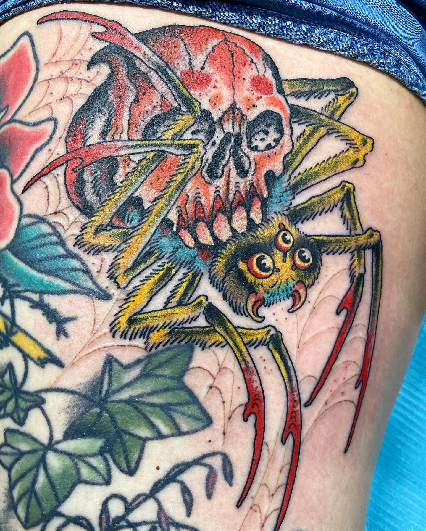Spider skull American traditional tattoo on the thigh by B e A U B R A D y, Costa Mesa, California
