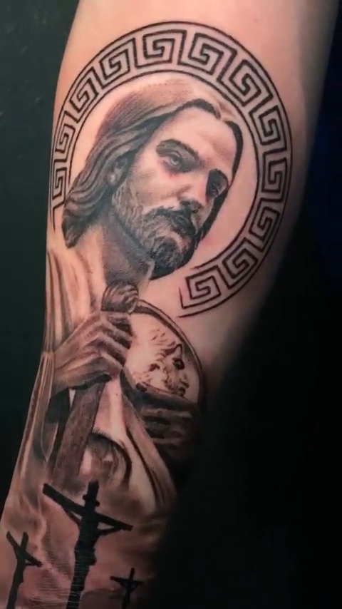 Jesus Christ with crosses realism tattoo by Las Vegas Tattoo Artist
