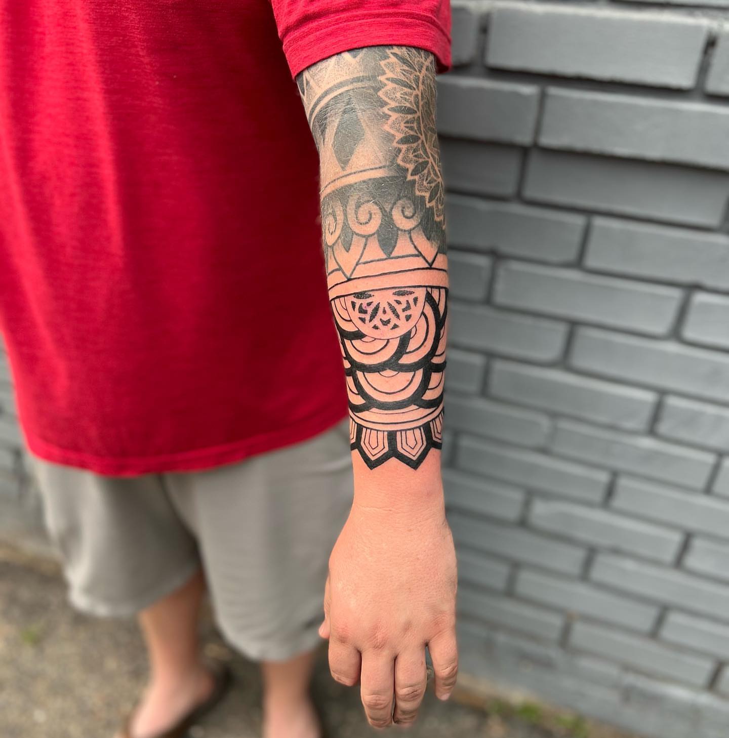 Geometric pattern geometric tattoo on the forearm by Ałex, Portland, Oregon
