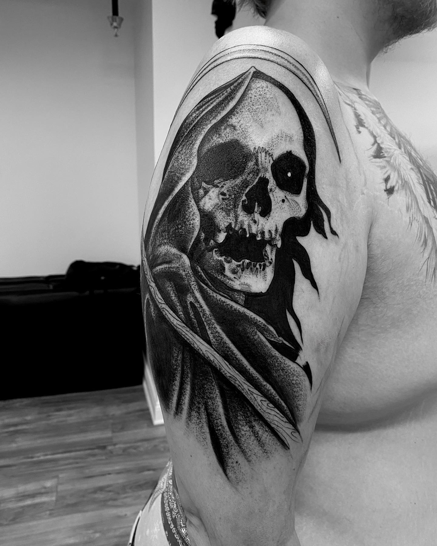 Grim reaper dotwork tattoo on the shoulder by Kody Miller Tattoos 📍Kansas City MO Tattoo, Kansas City, Missouri