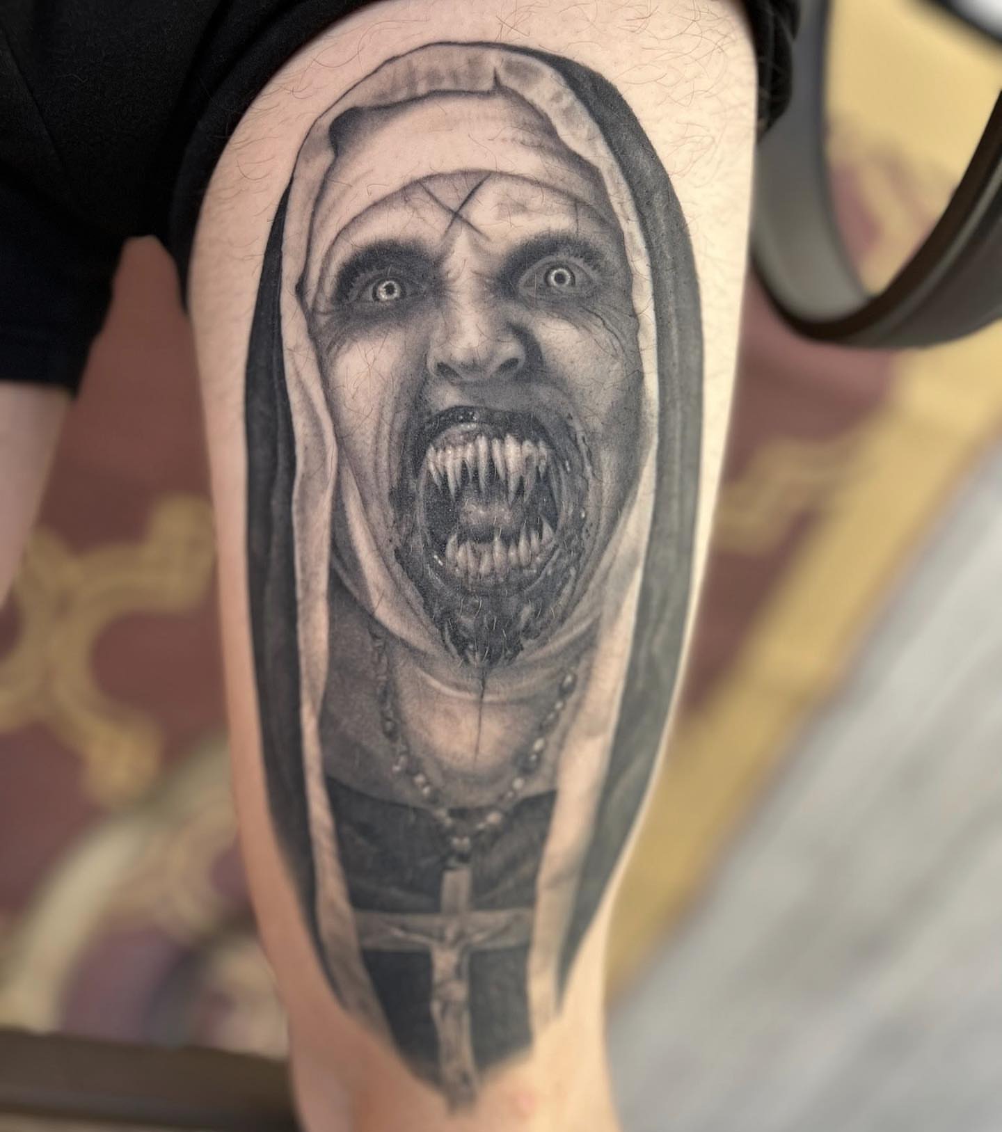 Horror nun realism tattoo on the forearm by Elaine Nerowski ☾