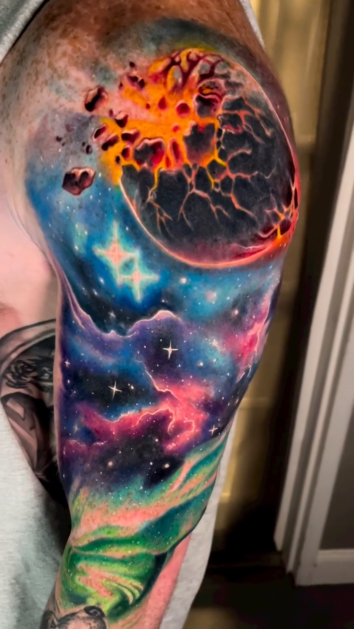 Exploding planet and wolf in space realism tattoo by ππ―ππ³π¦π° πππͺπ¬π«π±