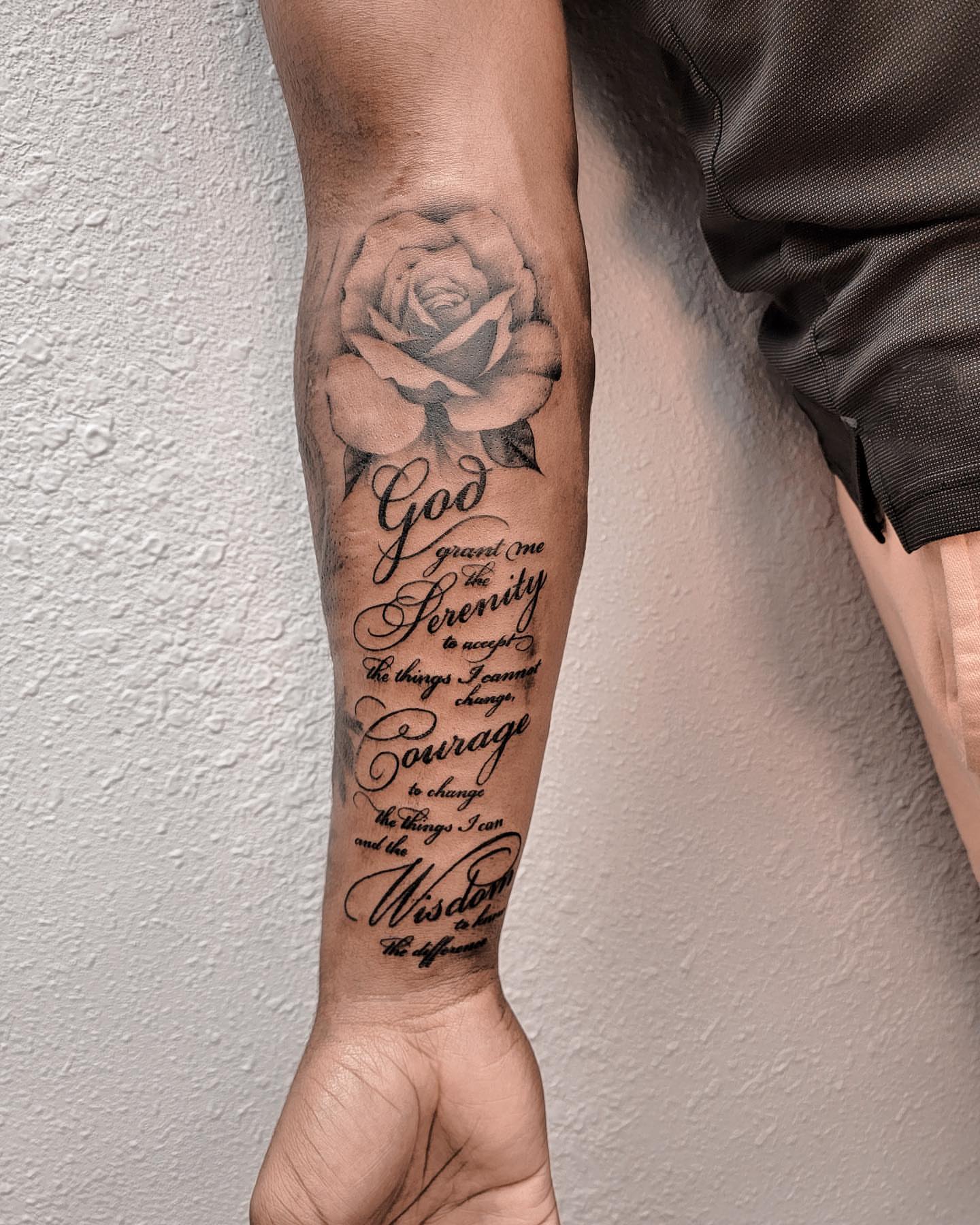 Serenity prayer black and grey tattoo on the forearm by Houston Tattoo Artist