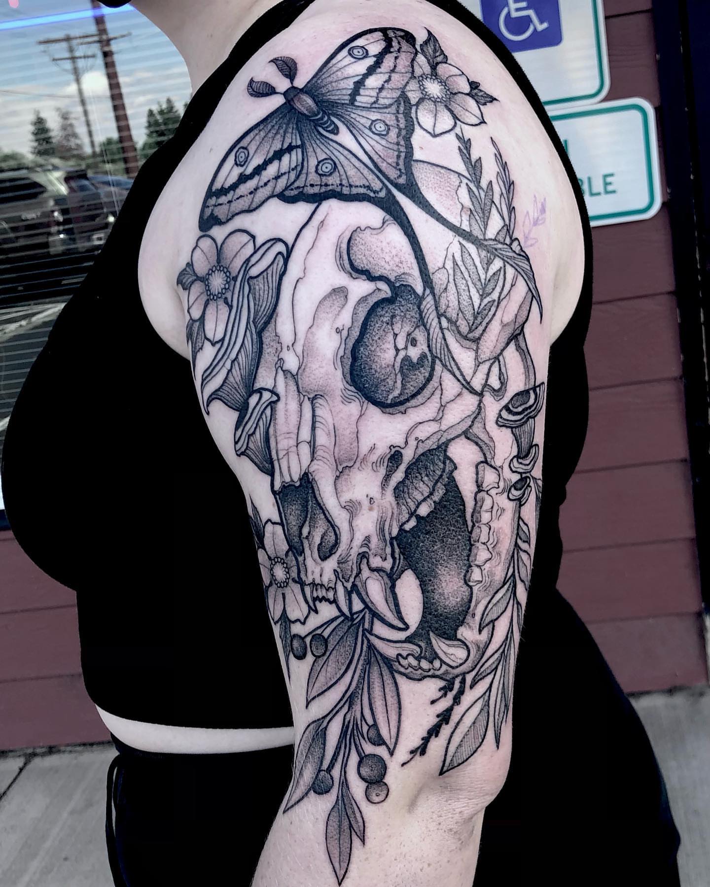 Tattoo by @aaronbtattoo — dotwork, black_and_grey