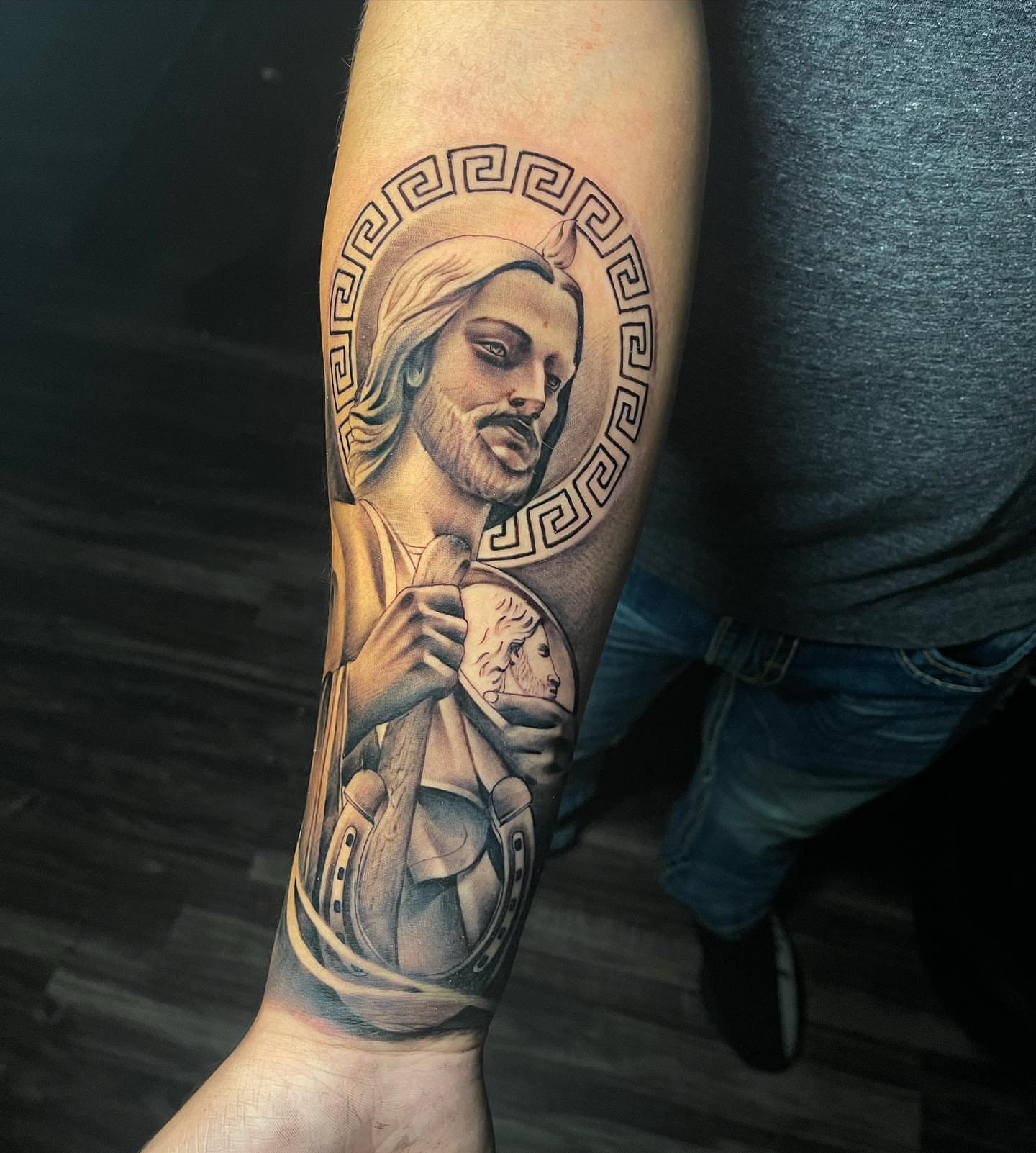 Religious figure realism tattoo on the forearm by George Maldonado Austin, Austin, Texas