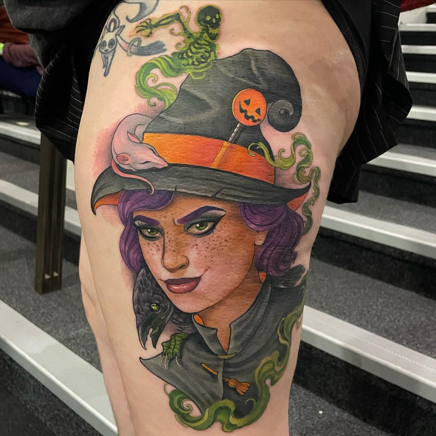 Witch portrait American traditional tattoo on the thigh by Erin Chance