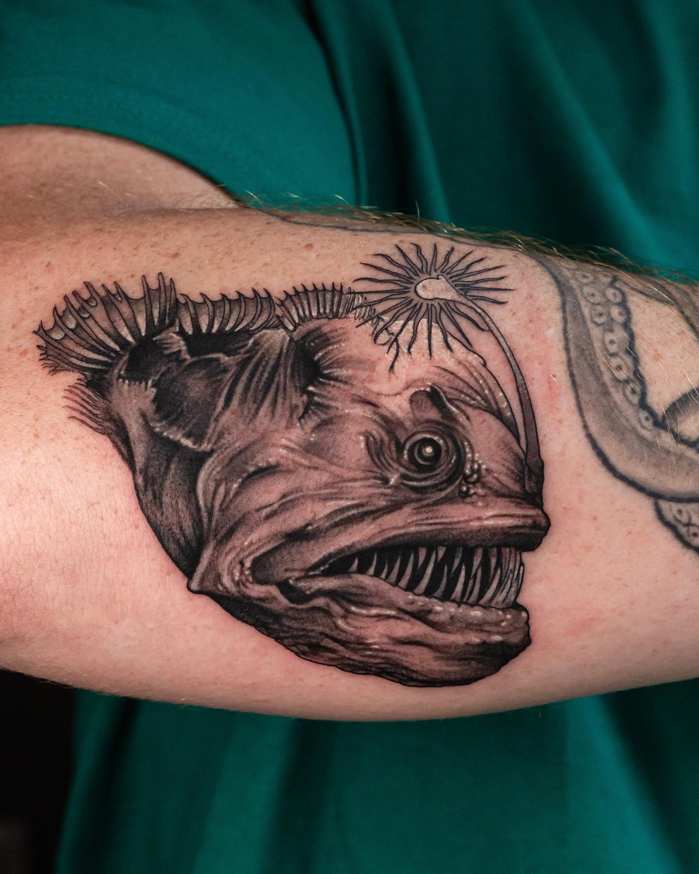 Angler fish realism tattoo on the forearm by Jaime Navarro