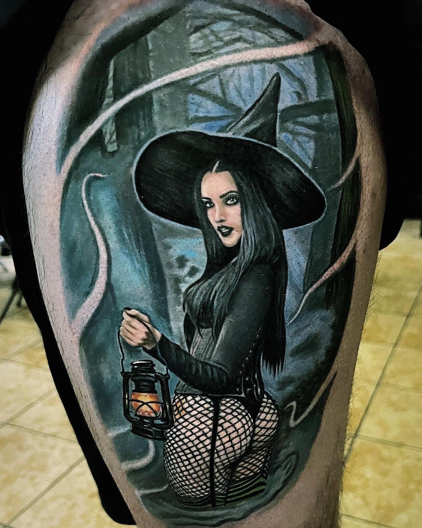 Witch dark realism tattoo on the forearm by Gary Graves
