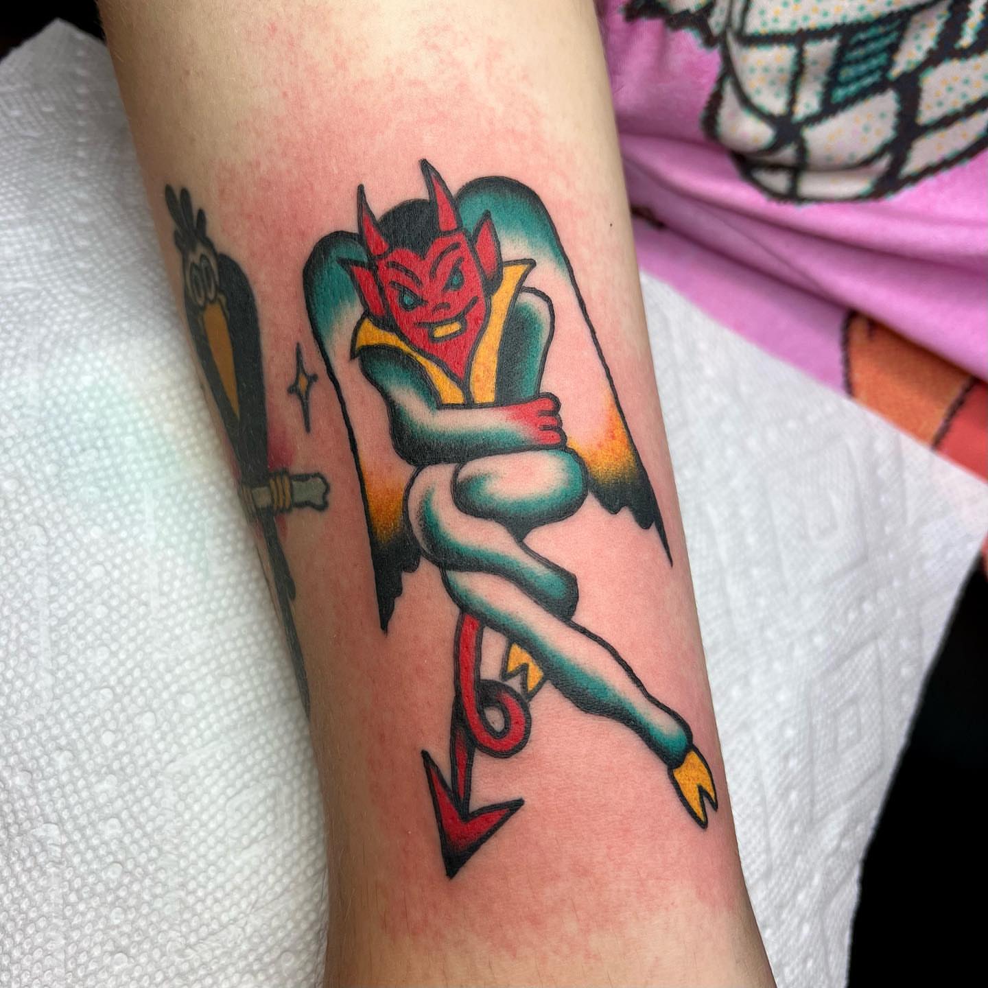 Devil pin-up girl American traditional tattoo on the forearm by 🍓miranda joon bradbury🍓