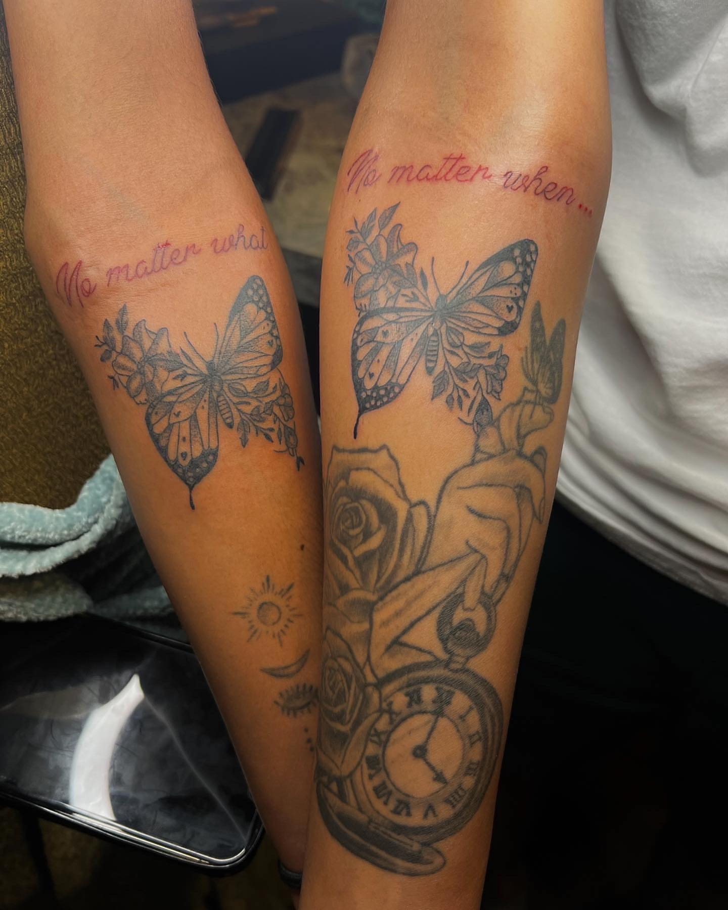 Butterflies and roses black and grey tattoo on the forearm by @tattsbyleek
