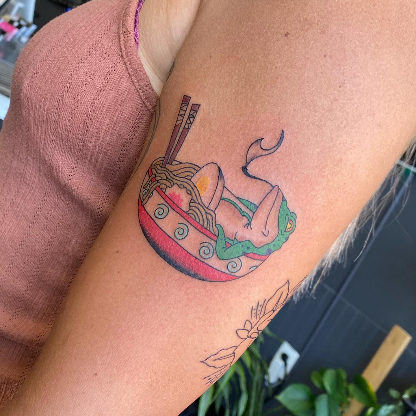 Ramen bowl dotwork tattoo on the forearm by S C O T T