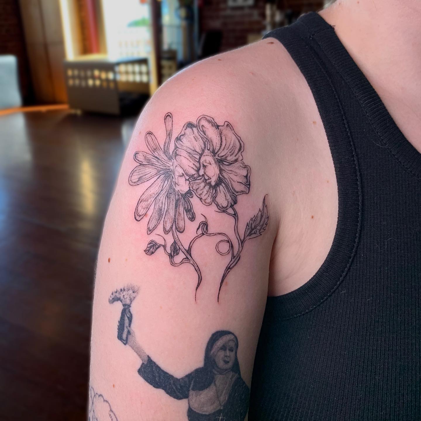 Tattoo by @dreamrealm — black_and_grey