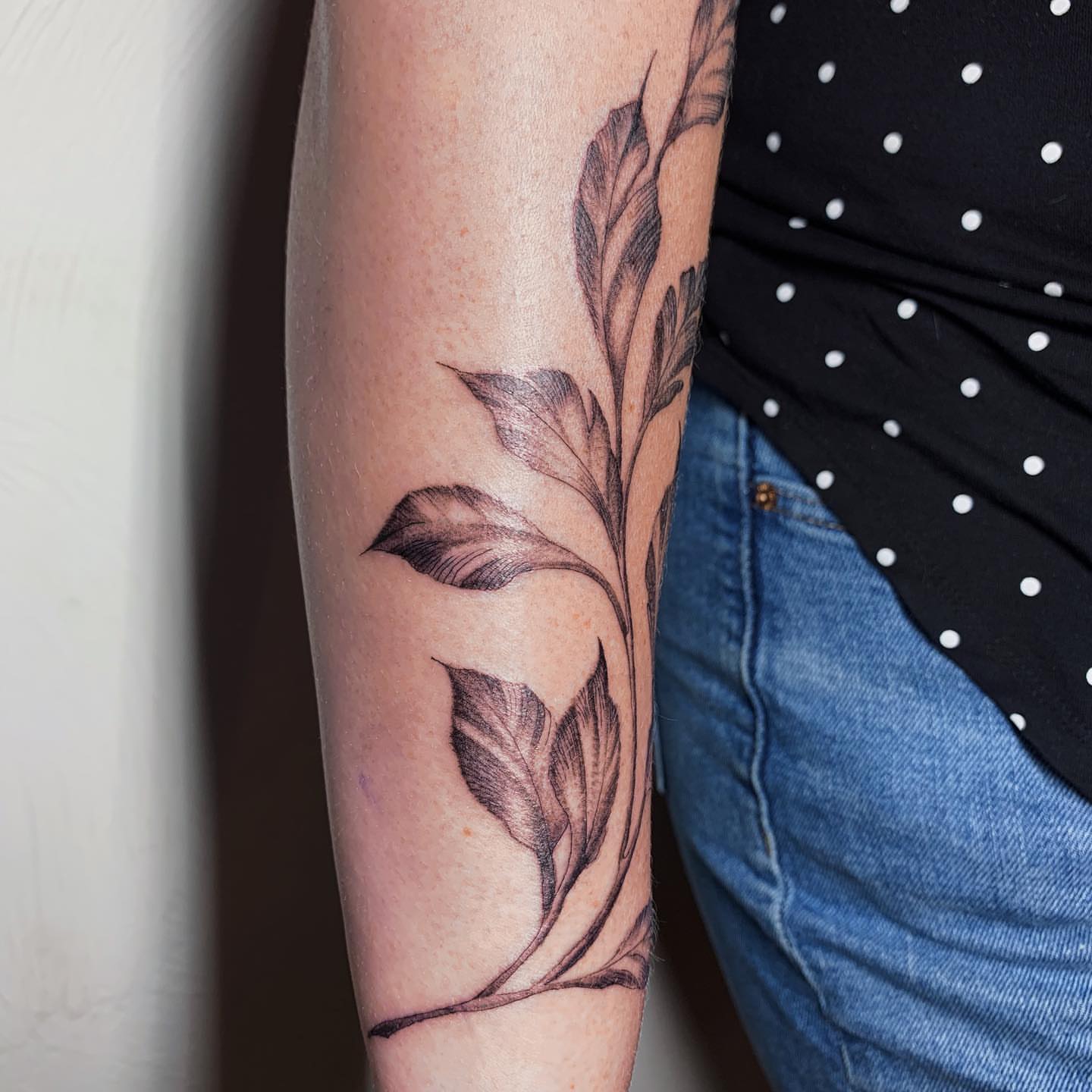 Branch with leaves black and grey tattoo on the forearm by Kolby