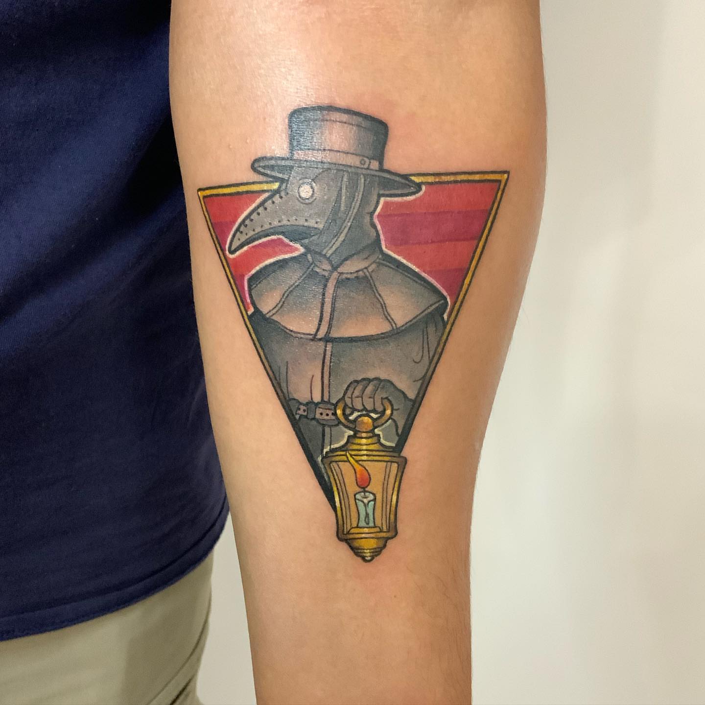 Plague doctor American traditional tattoo on the forearm by Herc