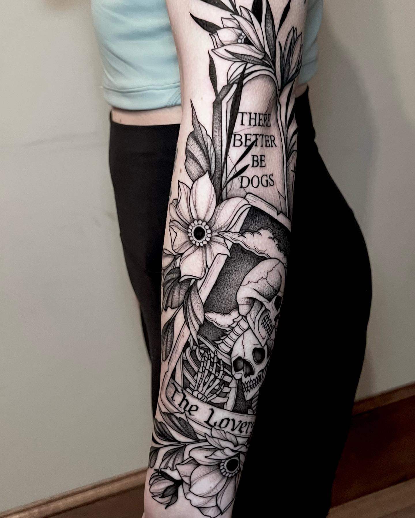 Flowers and skull realism tattoo on the forearm by Chelsea Darling