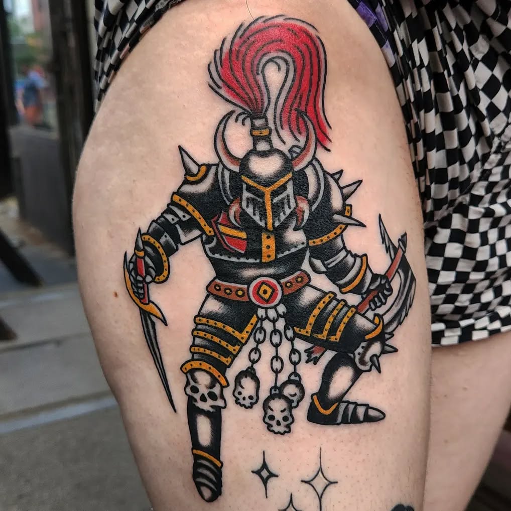 Armored knight with skulls American traditional tattoo on the thigh by Douglas Grady