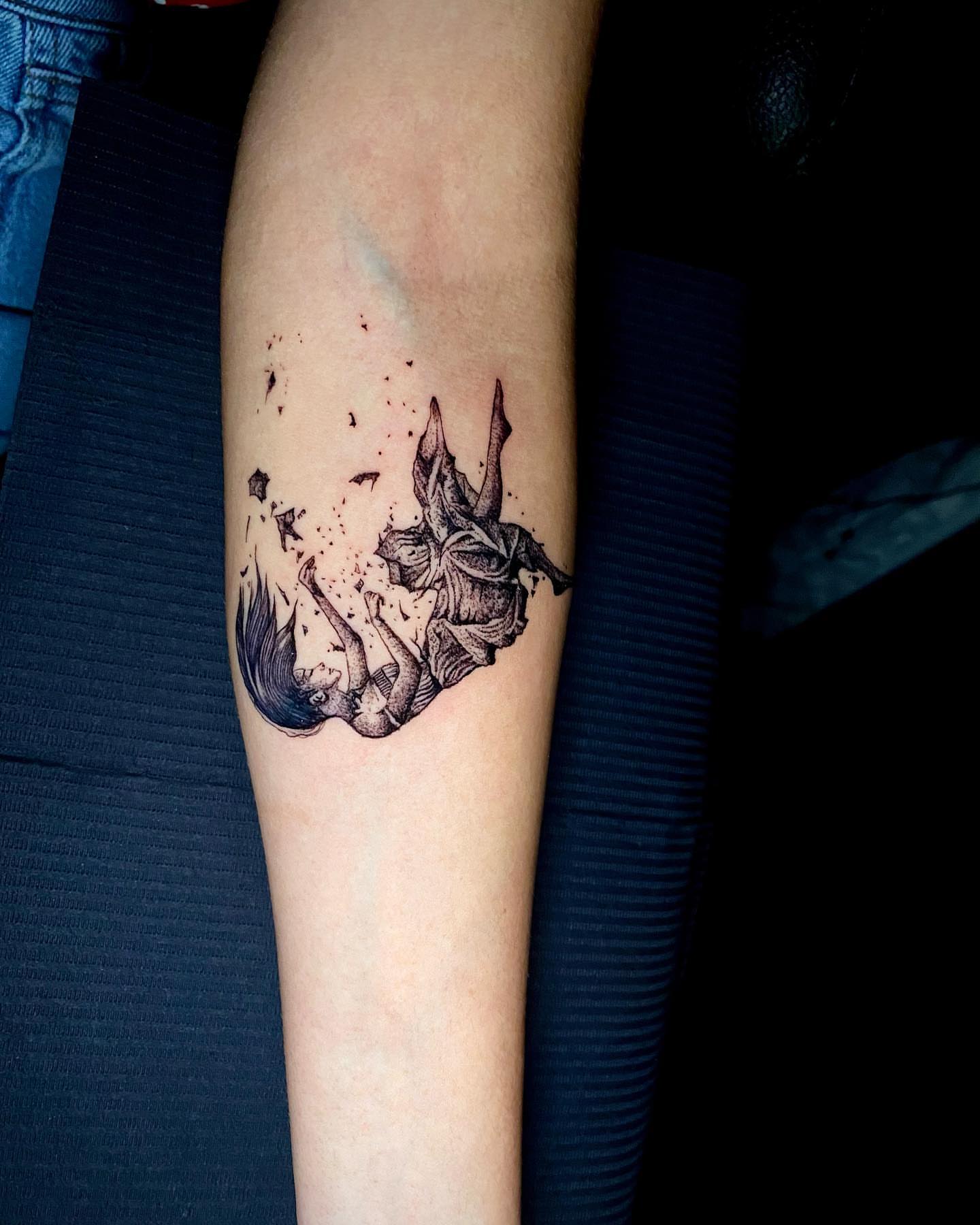 Demon dotwork tattoo on the forearm by Dayana✨