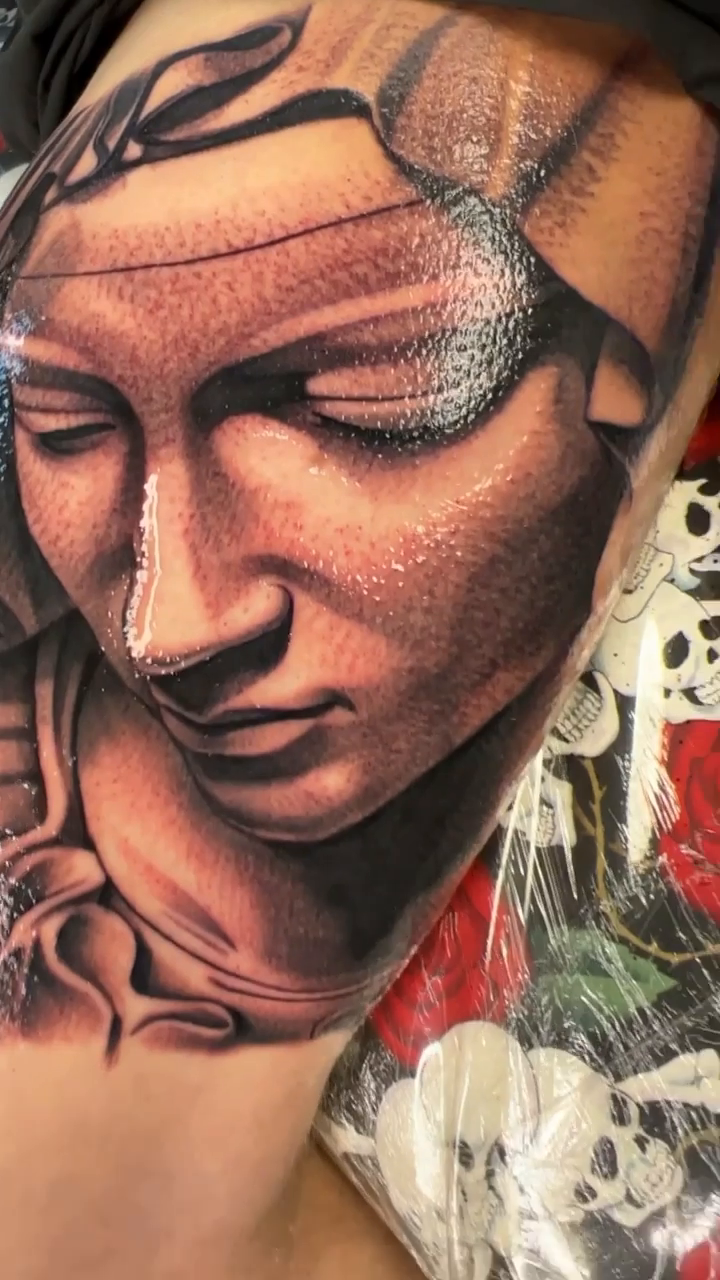 Woman statue and roses realism tattoo by Joseph Alvarado