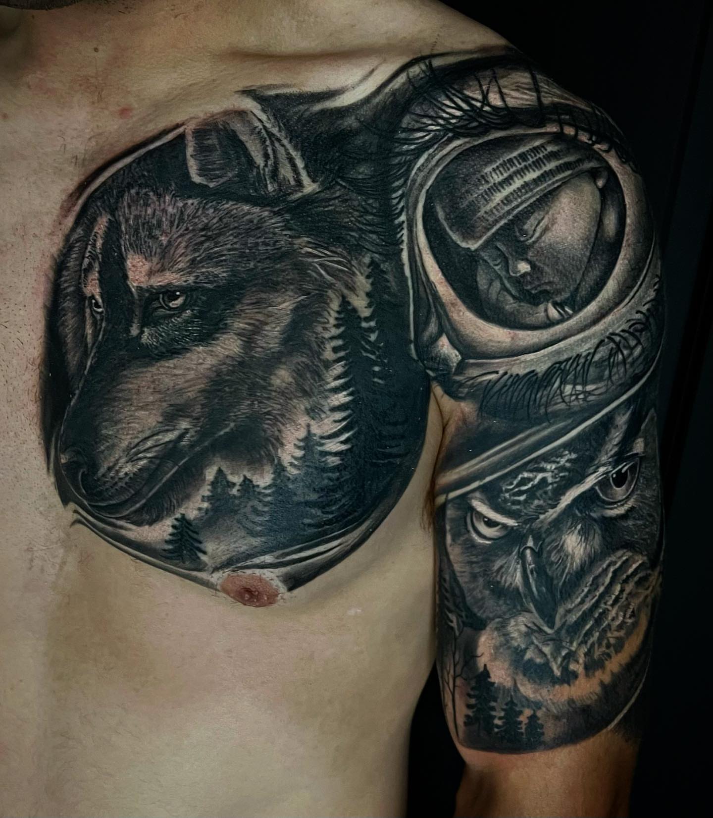 Wolf, astronaut, owl realism tattoo on the shoulder by Vinny Holistic Ink