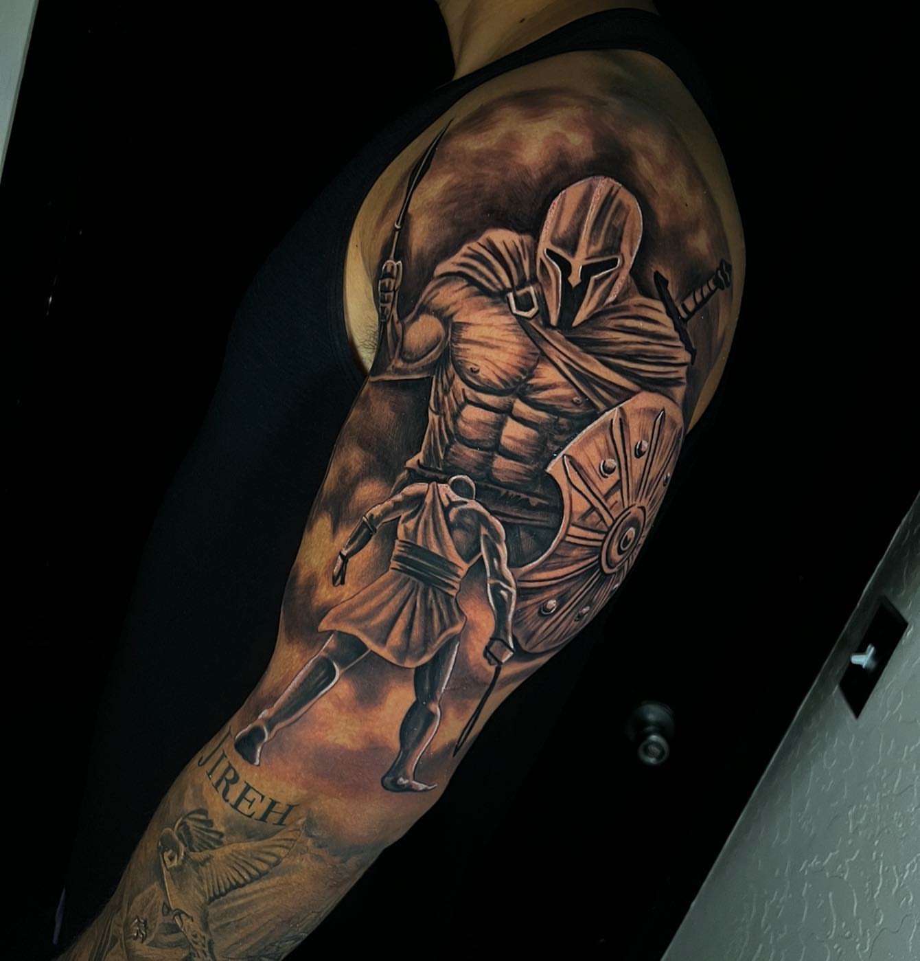 Gladiator realism tattoo on the forearm by Angel Lizarraga