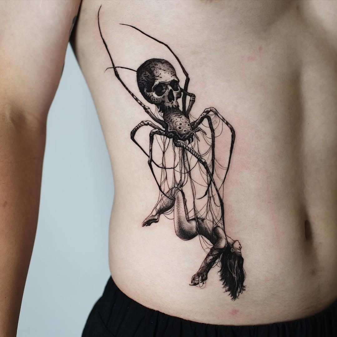 Tattoo by @strokin_dark — black_and_grey, dark_realism