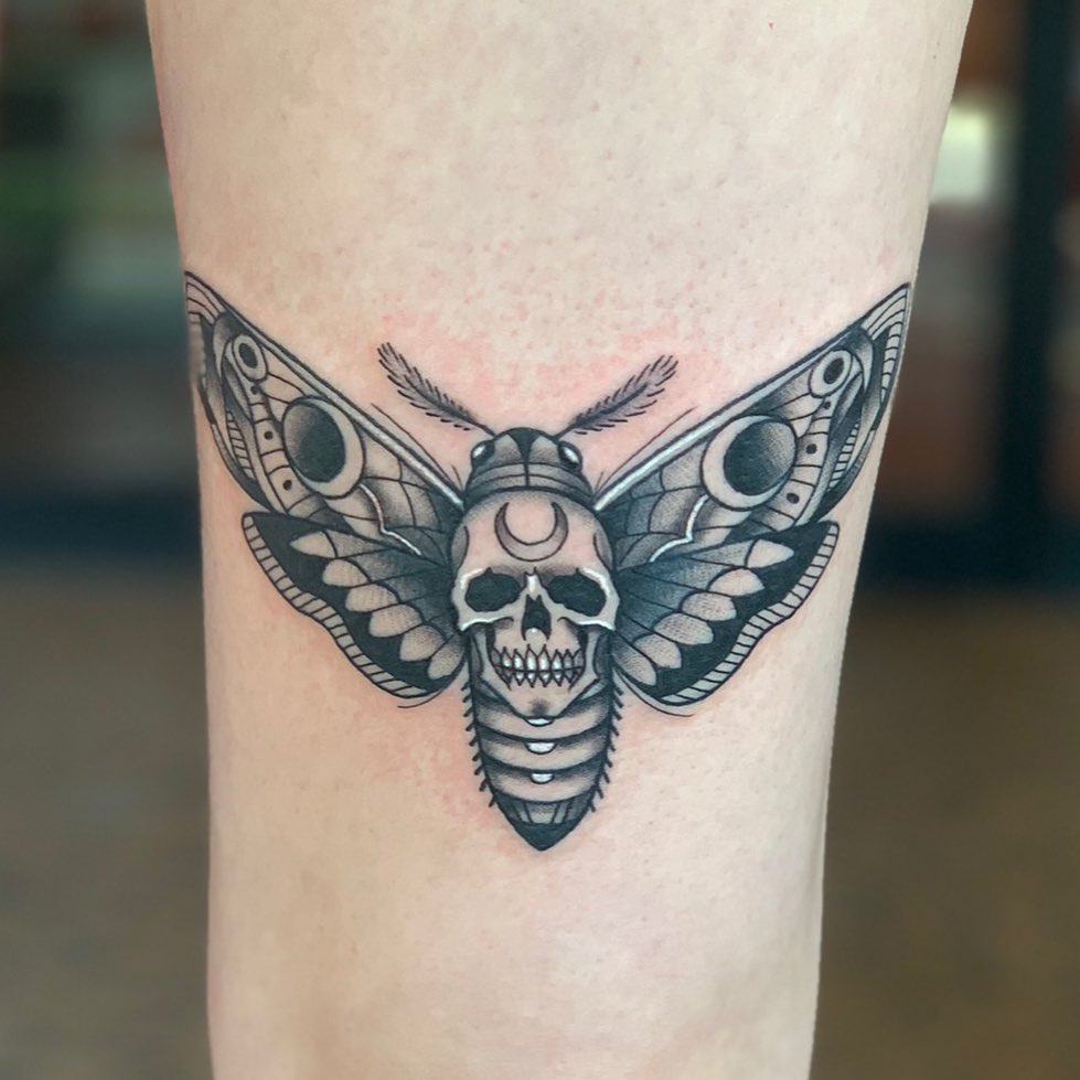 Moth skull geometric tattoo on the forearm by Brad Sterling
