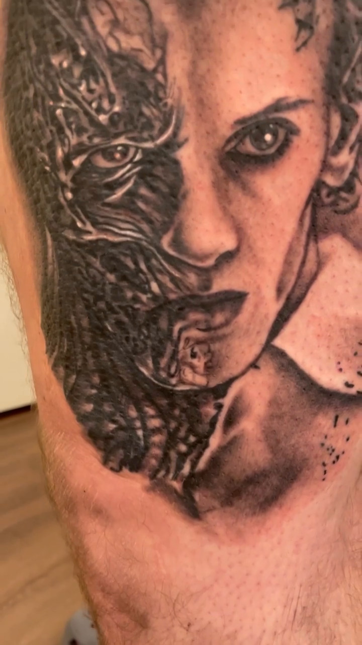 Split face portrait realism tattoo by Jen Bean, Richmond, Virginia