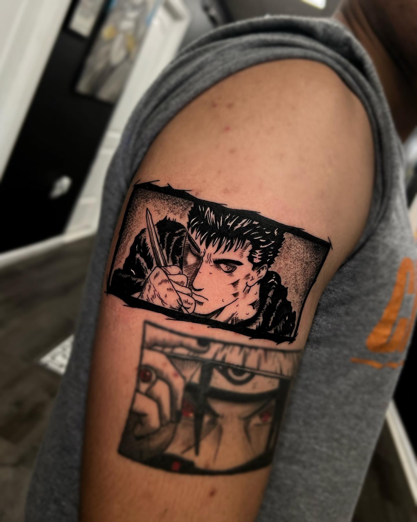 Tattoo by @inkedbypanezo — black_and_grey, anime